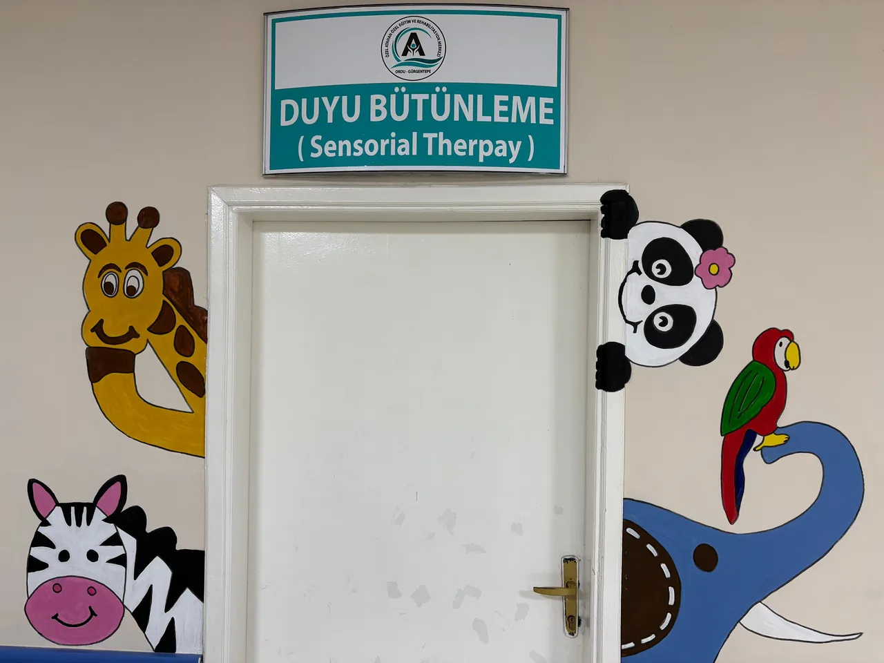 Zürafa, panda, papağan ve fil resimleriyle boyanmış duyu bütünleme odası kapısı